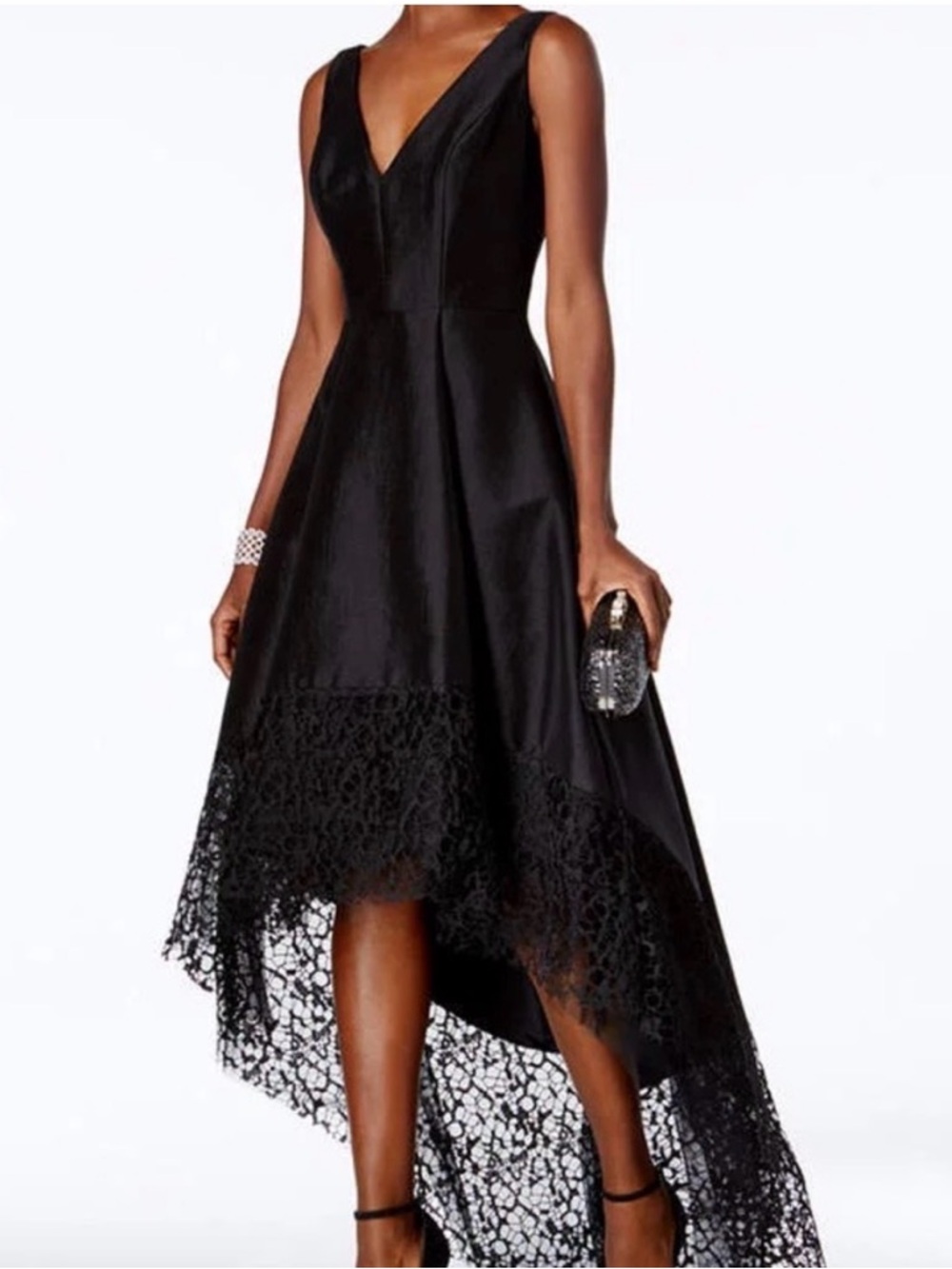 Betsy & Adam, Black High-Low Lace Trim V-Neck Gown Dress, Size 8